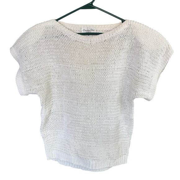 Vtg 80s Christian Dior Seperates Sweater Knit Shoulder Pads Ivory M S/S Preppy - Picture 1 of 7